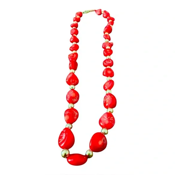 Vintage Textured Red Coral  Colored Glass Beaded Necklace w/ Silver Detail, 18” - Picture 2 of 7